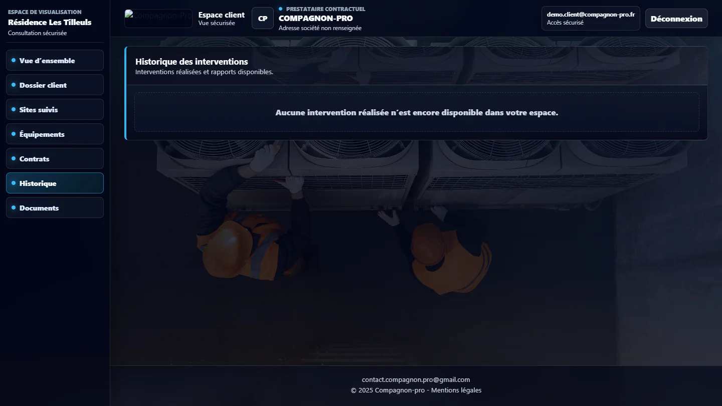 Historique réel des interventions de l’espace client